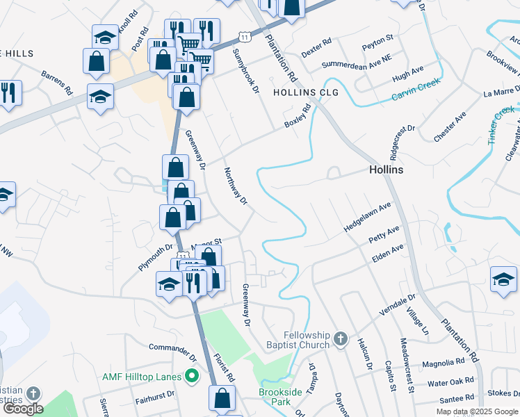 map of restaurants, bars, coffee shops, grocery stores, and more near 6649 Northway Drive in Hollins