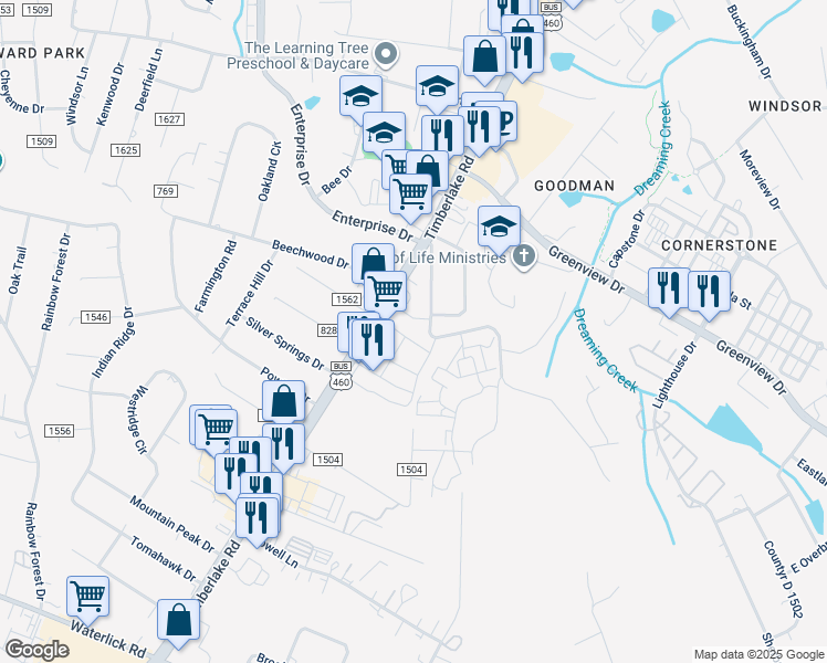 map of restaurants, bars, coffee shops, grocery stores, and more near 20582 Timberlake Road in Lynchburg