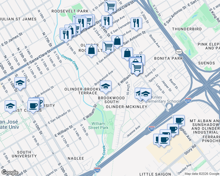 map of restaurants, bars, coffee shops, grocery stores, and more near 380 South 20th Street in San Jose