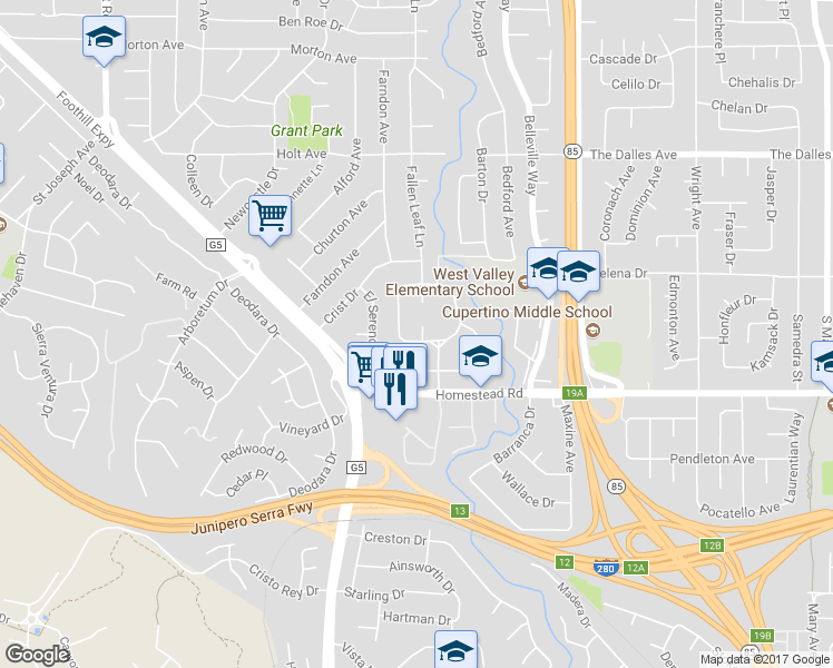 map of restaurants, bars, coffee shops, grocery stores, and more near 2083 Louise Lane in Los Altos