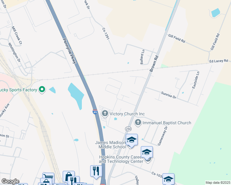 map of restaurants, bars, coffee shops, grocery stores, and more near 15 Cottonwood Loop in Madisonville