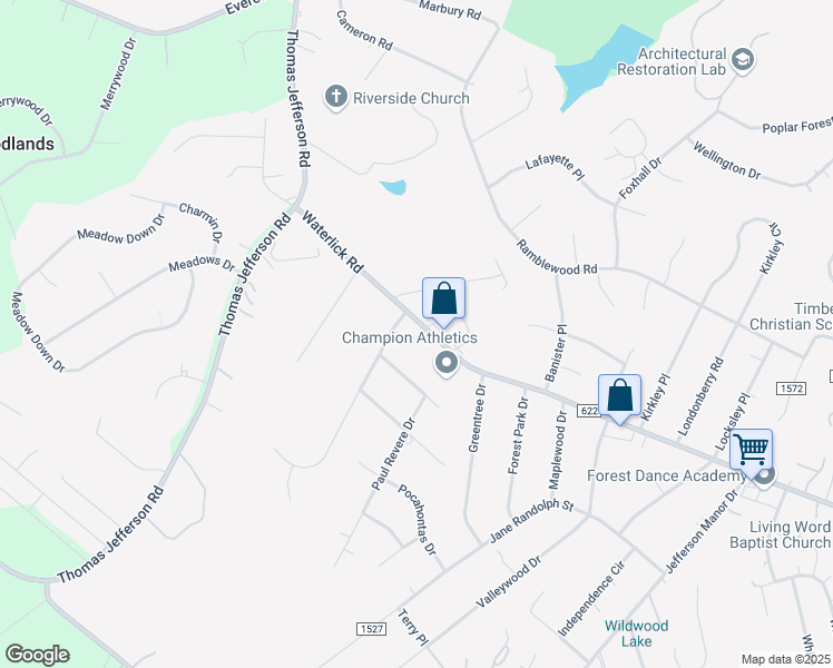 map of restaurants, bars, coffee shops, grocery stores, and more near 5214 Waterlick Road in Forest