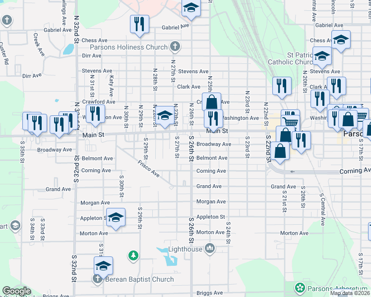 map of restaurants, bars, coffee shops, grocery stores, and more near 201-249 South 26th Street in Parsons