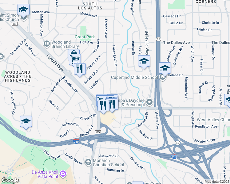 map of restaurants, bars, coffee shops, grocery stores, and more near 2083 Louise Lane in Los Altos