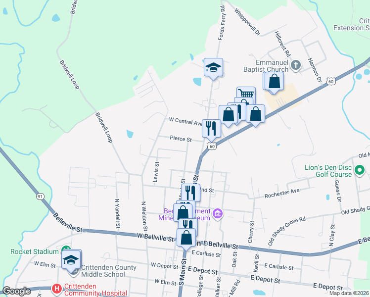 map of restaurants, bars, coffee shops, grocery stores, and more near 601-607 North Maple Street in Marion