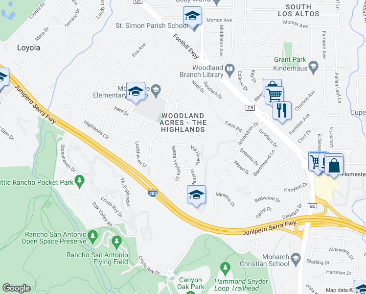 map of restaurants, bars, coffee shops, grocery stores, and more near 1235 Vía Huerta in Los Altos