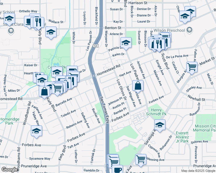 map of restaurants, bars, coffee shops, grocery stores, and more near Brannan Place in Santa Clara