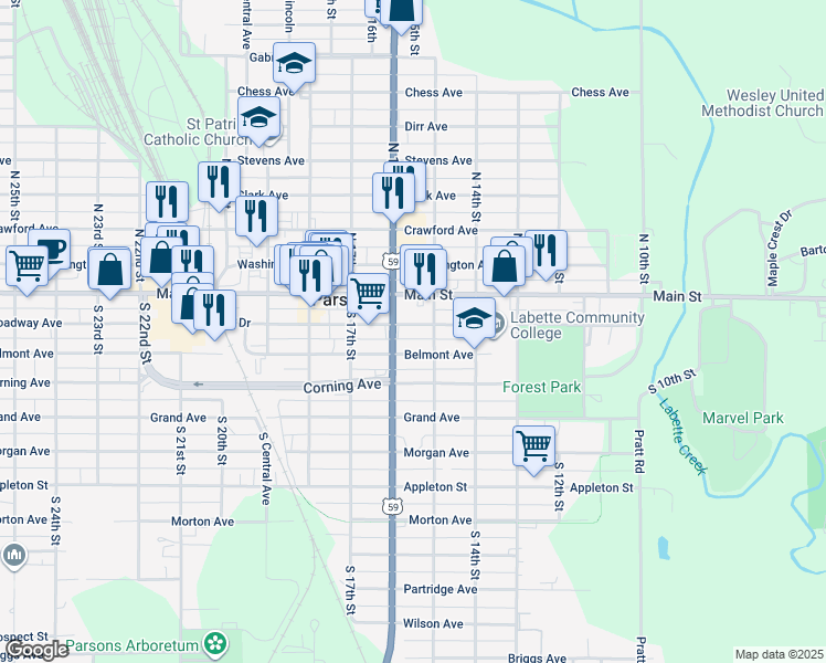 map of restaurants, bars, coffee shops, grocery stores, and more near 1514 Broadway Avenue in Parsons