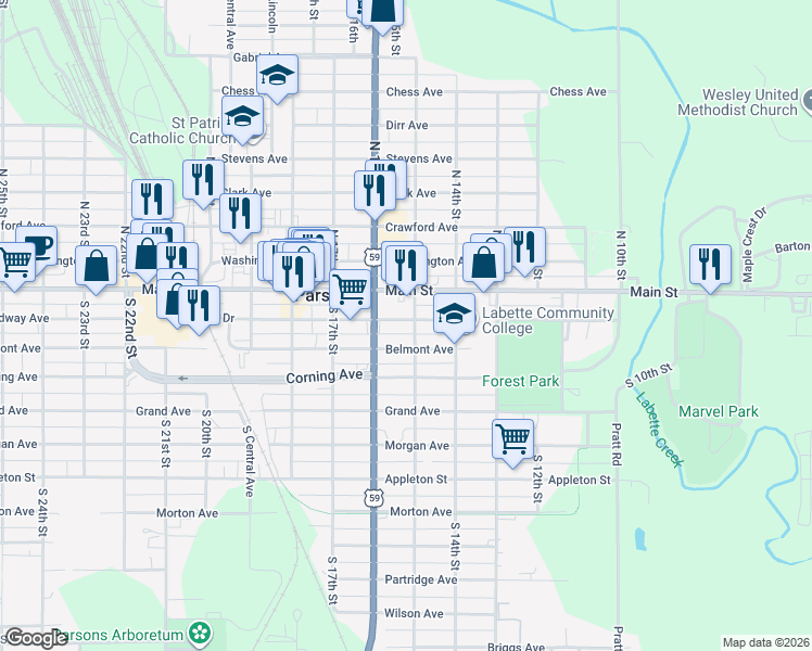 map of restaurants, bars, coffee shops, grocery stores, and more near 1504 Broadway Avenue in Parsons