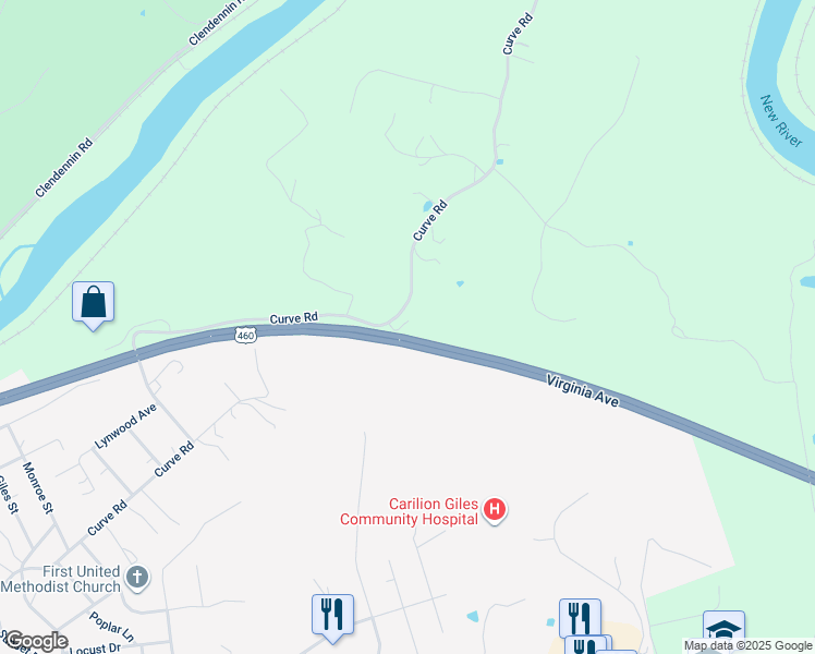 map of restaurants, bars, coffee shops, grocery stores, and more near 1967 Curve Road in Pearisburg