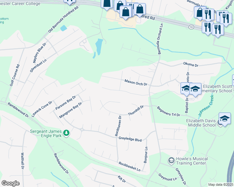 map of restaurants, bars, coffee shops, grocery stores, and more near 249 Enon Oaks Lane in Chester