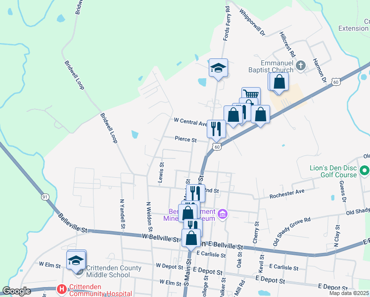 map of restaurants, bars, coffee shops, grocery stores, and more near 201 Creek Street in Marion
