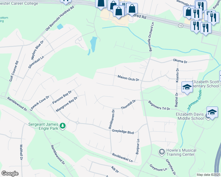 map of restaurants, bars, coffee shops, grocery stores, and more near 249 Enon Oaks Lane in Chester
