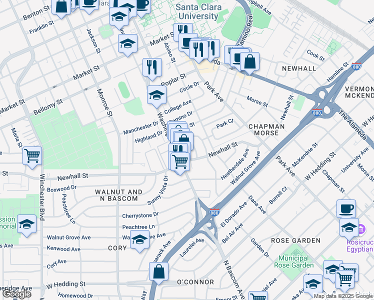 map of restaurants, bars, coffee shops, grocery stores, and more near 31 Washington Street in Santa Clara