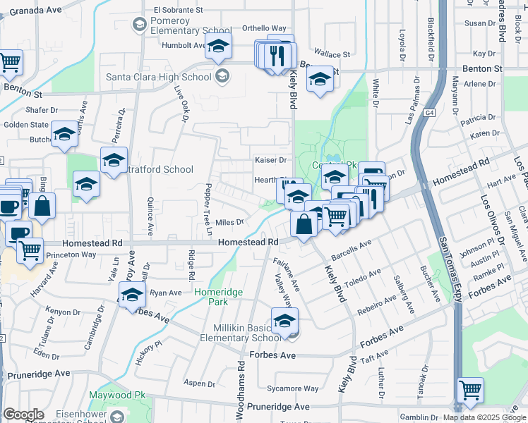 map of restaurants, bars, coffee shops, grocery stores, and more near 2900 Miles Drive in Santa Clara