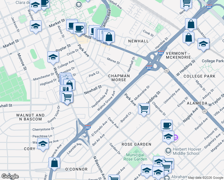 map of restaurants, bars, coffee shops, grocery stores, and more near 1425 Walnut Grove Avenue in San Jose