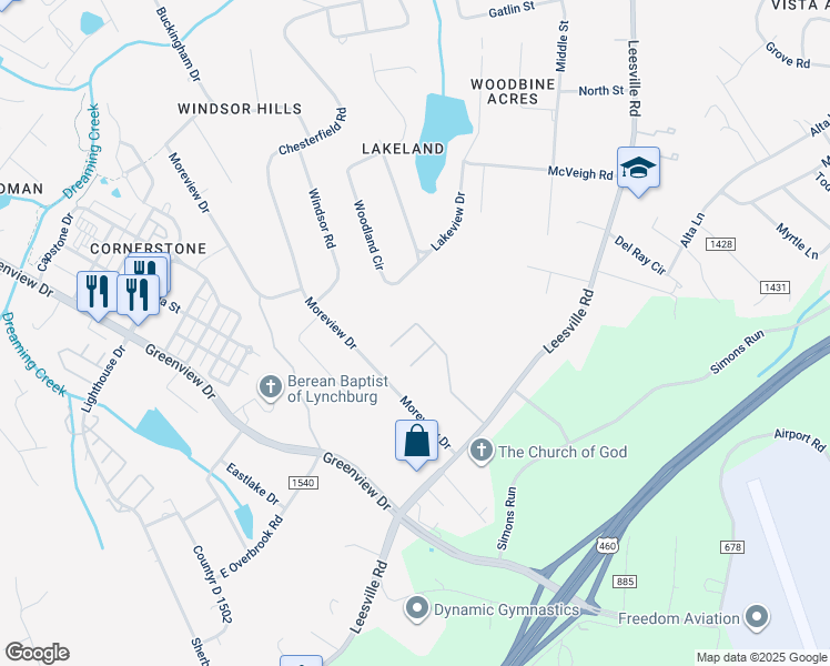 map of restaurants, bars, coffee shops, grocery stores, and more near 105 Barrington Way in Lynchburg
