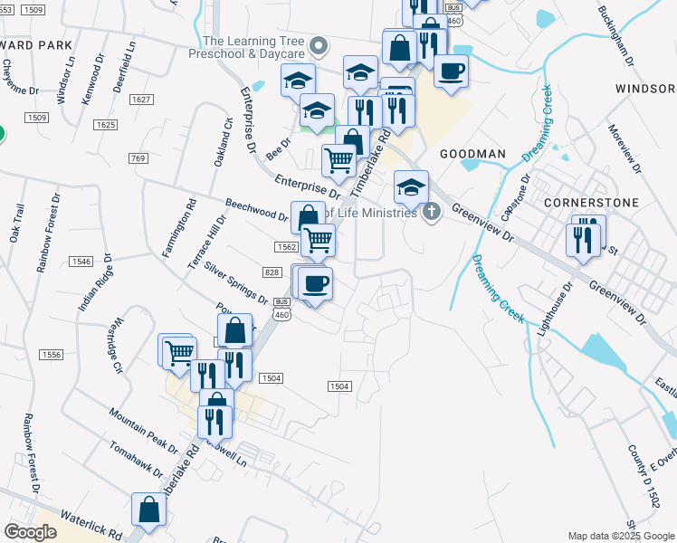 map of restaurants, bars, coffee shops, grocery stores, and more near 20582 Timberlake Road in Lynchburg