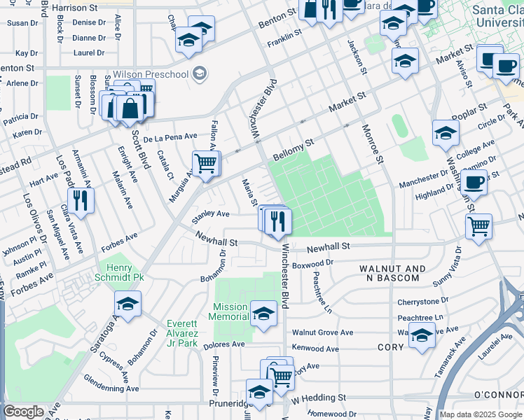 map of restaurants, bars, coffee shops, grocery stores, and more near 371 Maria Street in Santa Clara
