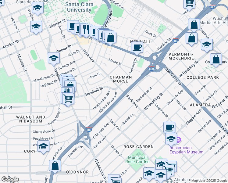 map of restaurants, bars, coffee shops, grocery stores, and more near 1425 Walnut Grove Avenue in San Jose