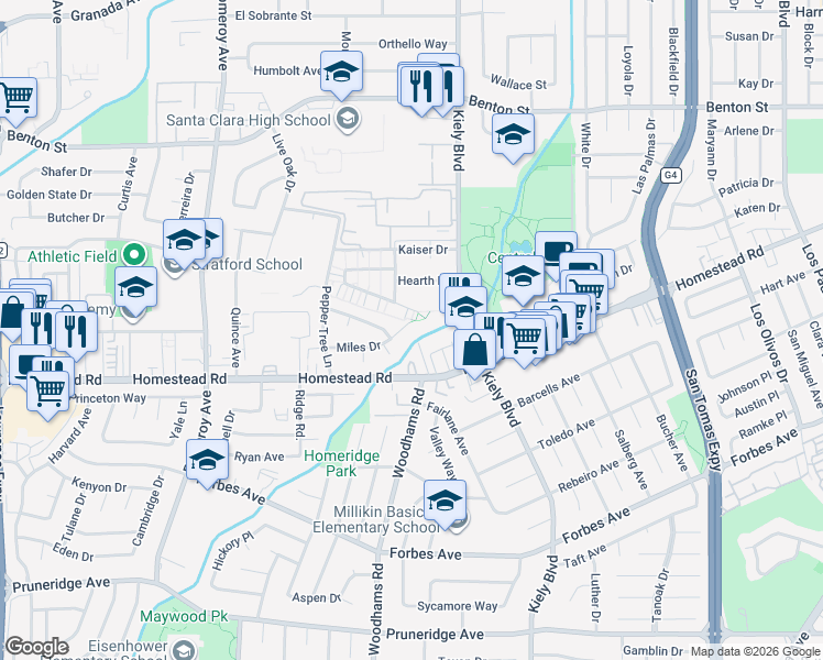 map of restaurants, bars, coffee shops, grocery stores, and more near 2900 Miles Drive in Santa Clara
