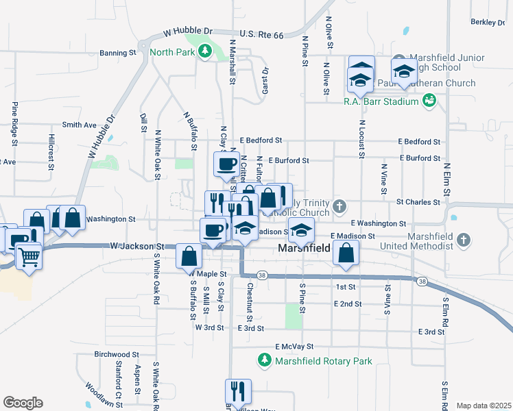 map of restaurants, bars, coffee shops, grocery stores, and more near 219 East Jefferson Street in Marshfield