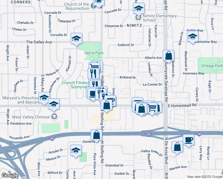 map of restaurants, bars, coffee shops, grocery stores, and more near 1657 Ontario Drive in Sunnyvale
