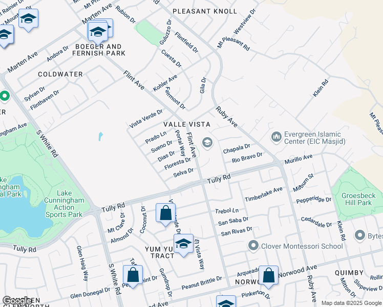 map of restaurants, bars, coffee shops, grocery stores, and more near 2385 Flint Avenue in San Jose