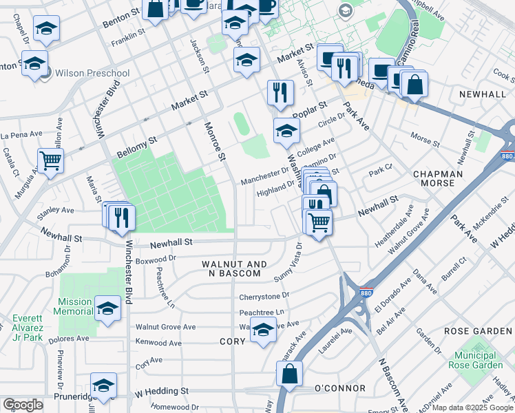 map of restaurants, bars, coffee shops, grocery stores, and more near 94 Roxbury Street in Santa Clara