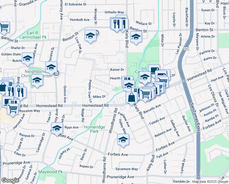map of restaurants, bars, coffee shops, grocery stores, and more near 2921 Miles Drive in Santa Clara