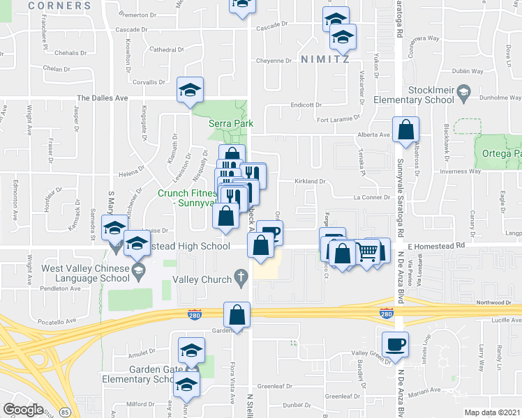 map of restaurants, bars, coffee shops, grocery stores, and more near 1654 Hollenbeck Avenue in Sunnyvale