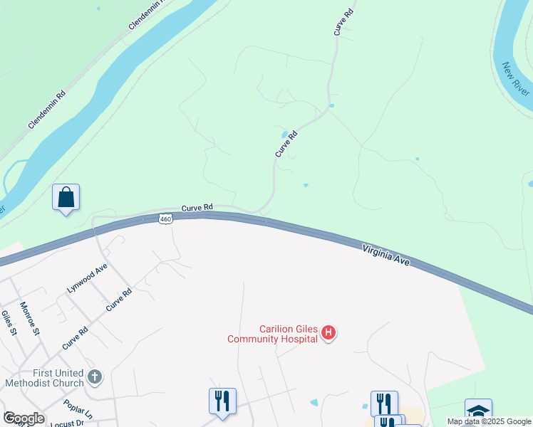 map of restaurants, bars, coffee shops, grocery stores, and more near 1967 Curve Road in Pearisburg