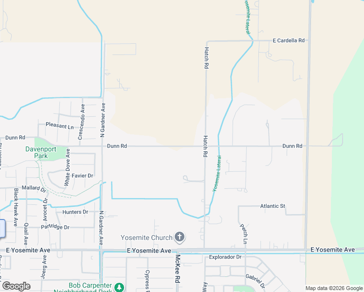 map of restaurants, bars, coffee shops, grocery stores, and more near Dunn Road in Merced