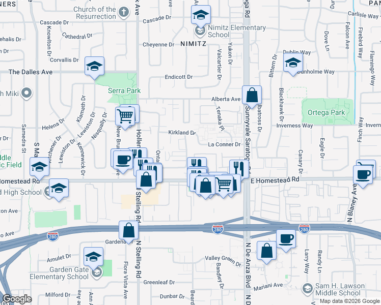map of restaurants, bars, coffee shops, grocery stores, and more near 1630 Queen Charlotte Drive in Sunnyvale