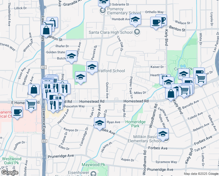 map of restaurants, bars, coffee shops, grocery stores, and more near 843 Quince Avenue in Santa Clara