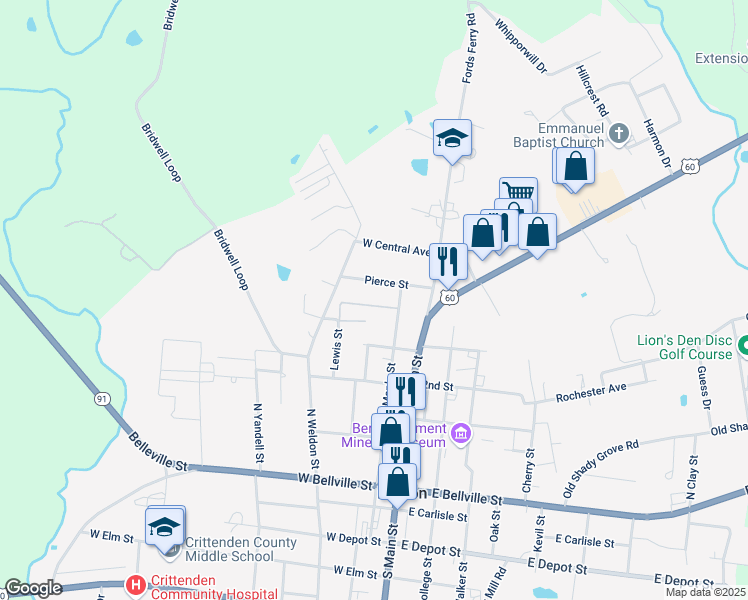 map of restaurants, bars, coffee shops, grocery stores, and more near 201-213 Creek Street in Marion