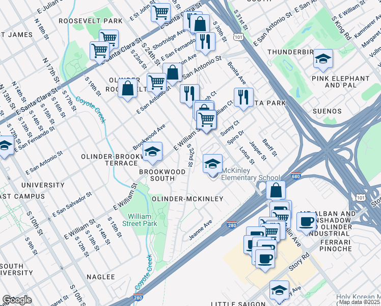 map of restaurants, bars, coffee shops, grocery stores, and more near 445 South 22nd Street in San Jose