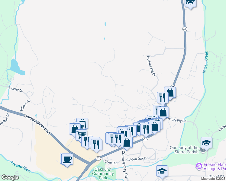 map of restaurants, bars, coffee shops, grocery stores, and more near 40700 Road 425A in Oakhurst