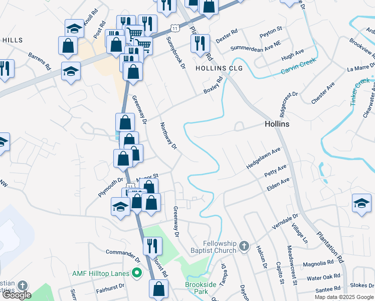map of restaurants, bars, coffee shops, grocery stores, and more near 6649 Northway Drive in Hollins