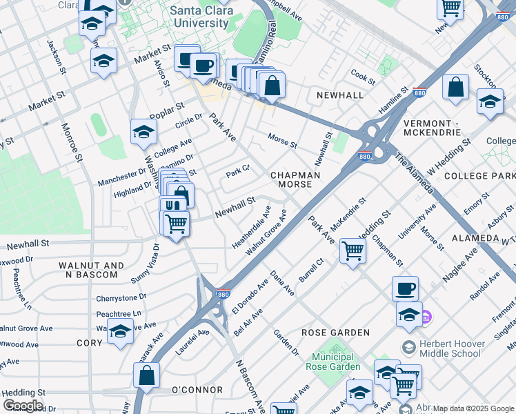 map of restaurants, bars, coffee shops, grocery stores, and more near 1526 Shady Glen Ave in Santa Clara