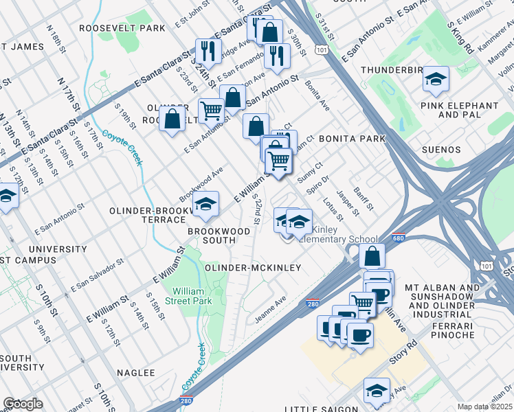 map of restaurants, bars, coffee shops, grocery stores, and more near 445 South 22nd Street in San Jose