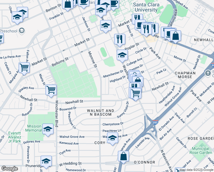 map of restaurants, bars, coffee shops, grocery stores, and more near 94 Roxbury Street in Santa Clara