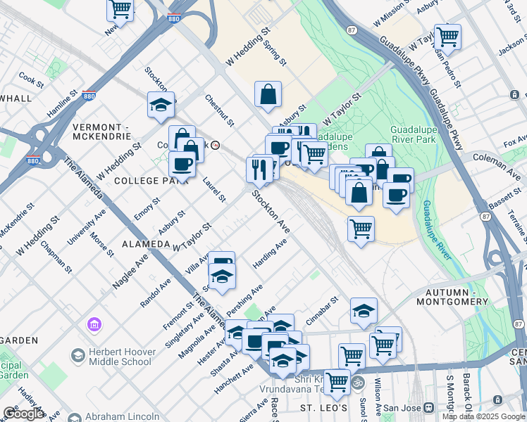 map of restaurants, bars, coffee shops, grocery stores, and more near 647 Stockton Avenue in San Jose