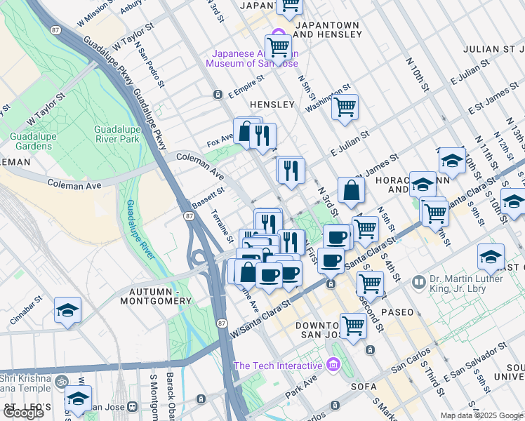 map of restaurants, bars, coffee shops, grocery stores, and more near 79 Devine Street in San Jose