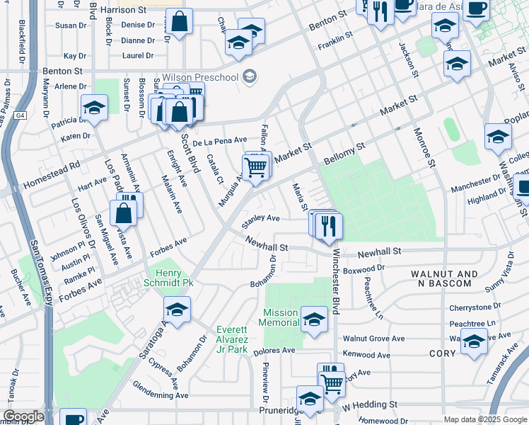 map of restaurants, bars, coffee shops, grocery stores, and more near 1985 Stanley Avenue in Santa Clara
