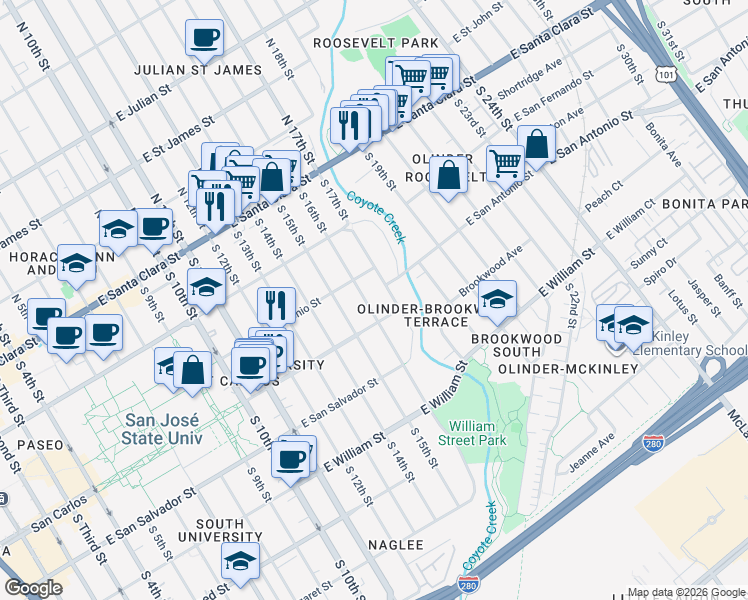 map of restaurants, bars, coffee shops, grocery stores, and more near South 16th Street in San Jose
