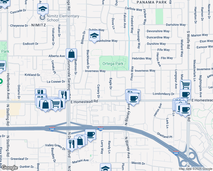 map of restaurants, bars, coffee shops, grocery stores, and more near 545 Loch Lomond Court in Sunnyvale