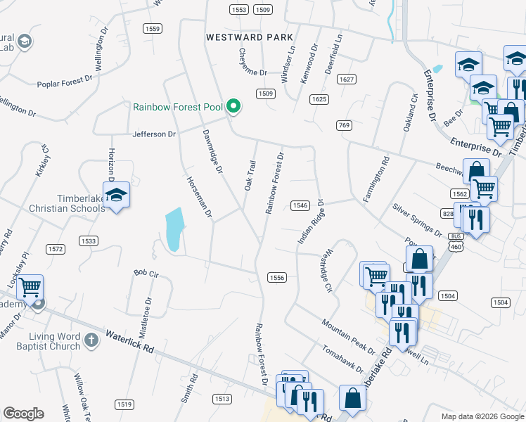 map of restaurants, bars, coffee shops, grocery stores, and more near 620 Rainbow Forest Drive in Lynchburg