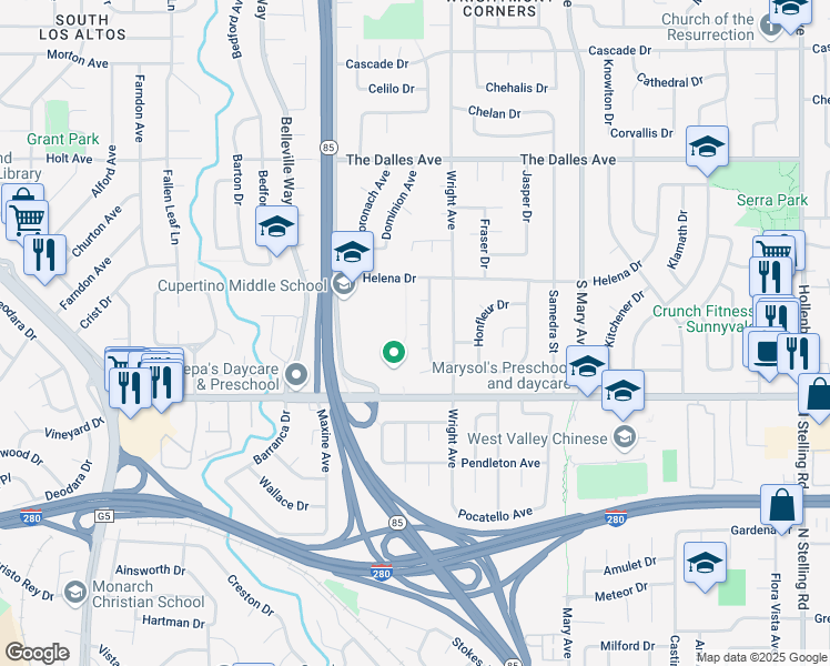 map of restaurants, bars, coffee shops, grocery stores, and more near 1649 Edmonton Avenue in Sunnyvale