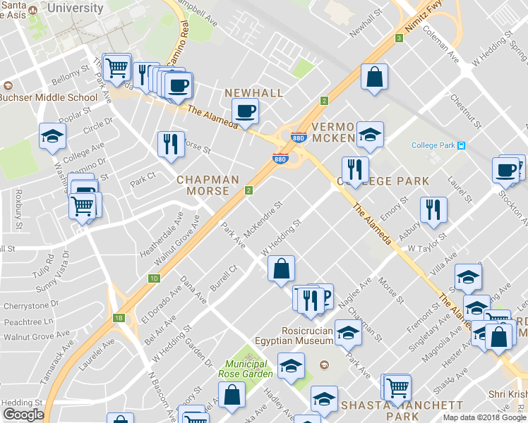 map of restaurants, bars, coffee shops, grocery stores, and more near 1295 McKendrie Street in San Jose